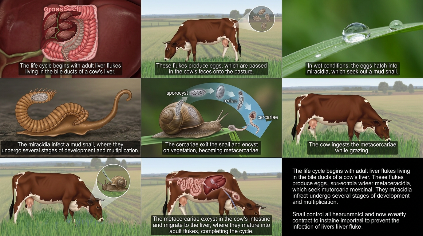 Liver fluke life cycle infographic — adult flukes in bile ducts shed eggs into feces, eggs hatch into miracidia that infect mud snails, cercariae exit the snail and encyst on vegetation as metacercariae, cattle ingest metacercariae while grazing, and juvenile flukes migrate to the liver to mature.