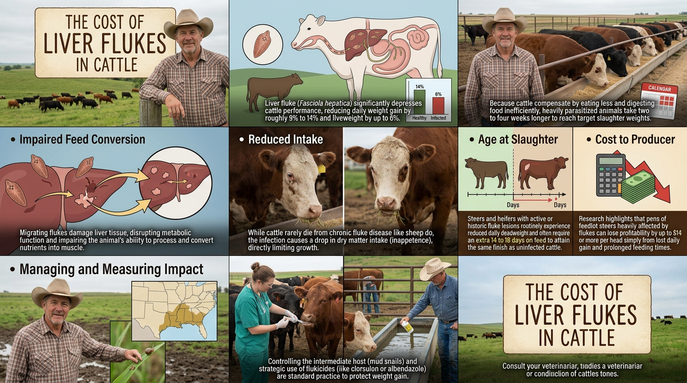 Infographic: The cost of liver flukes in cattle — impaired feed conversion, reduced intake, longer days to slaughter, and up to $14 or more per head in lost profitability.